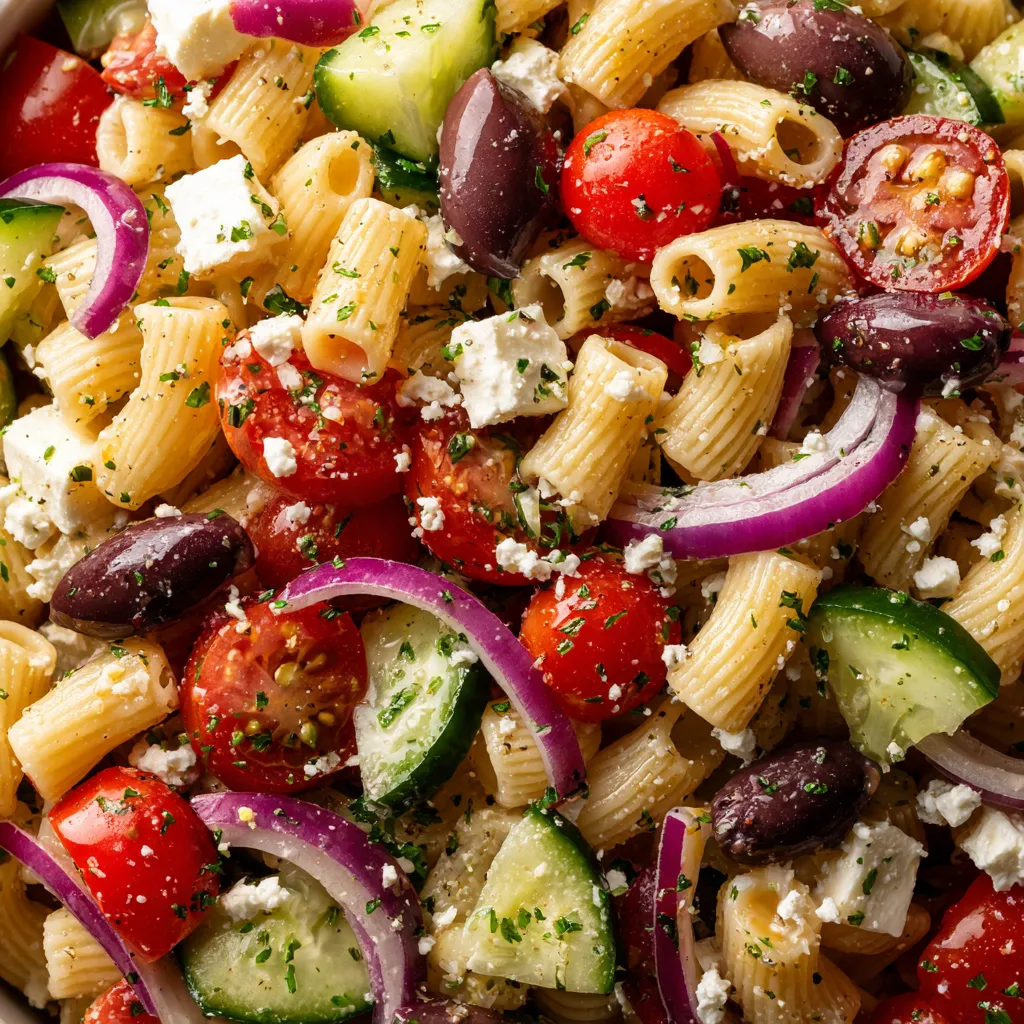 A bowl of Greek pasta salad with tomatoes, cucumbers, olives, and feta cheese.