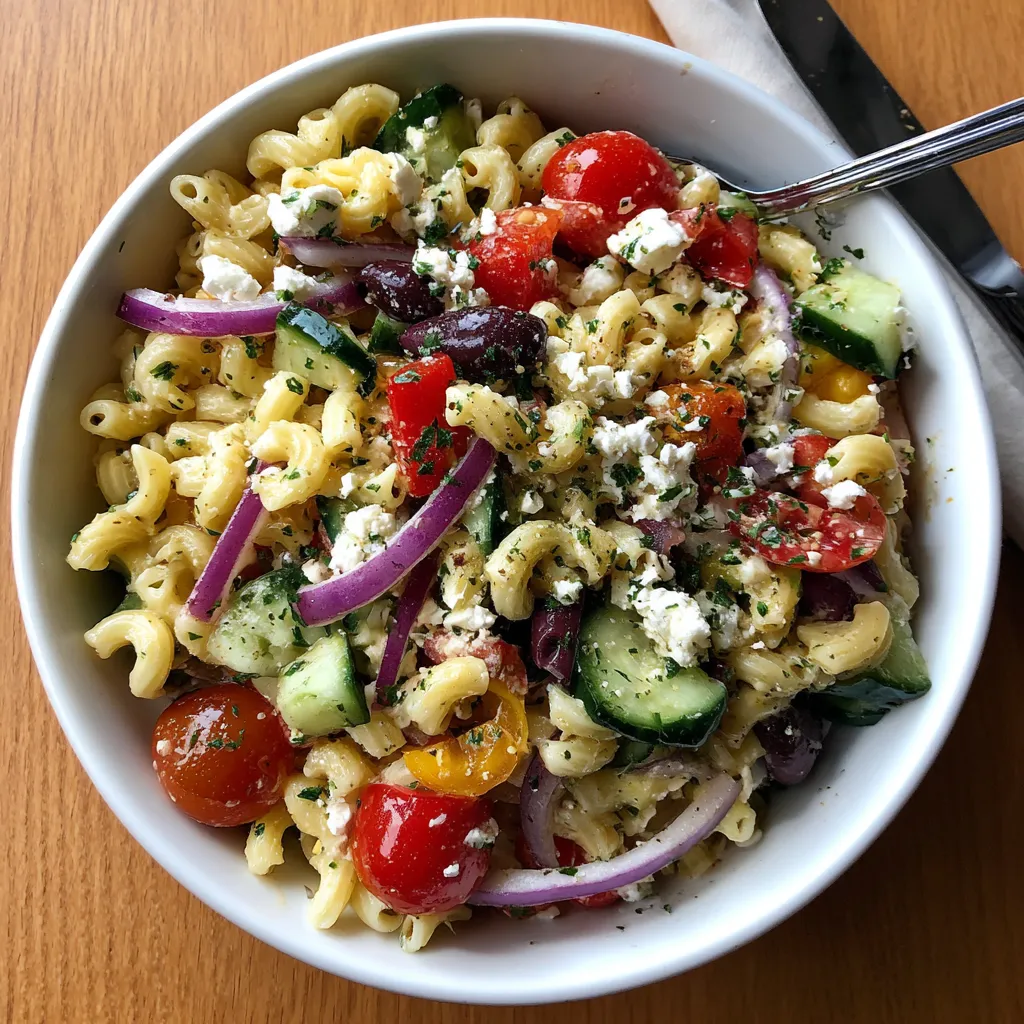 A bowl of Greek pasta salad.