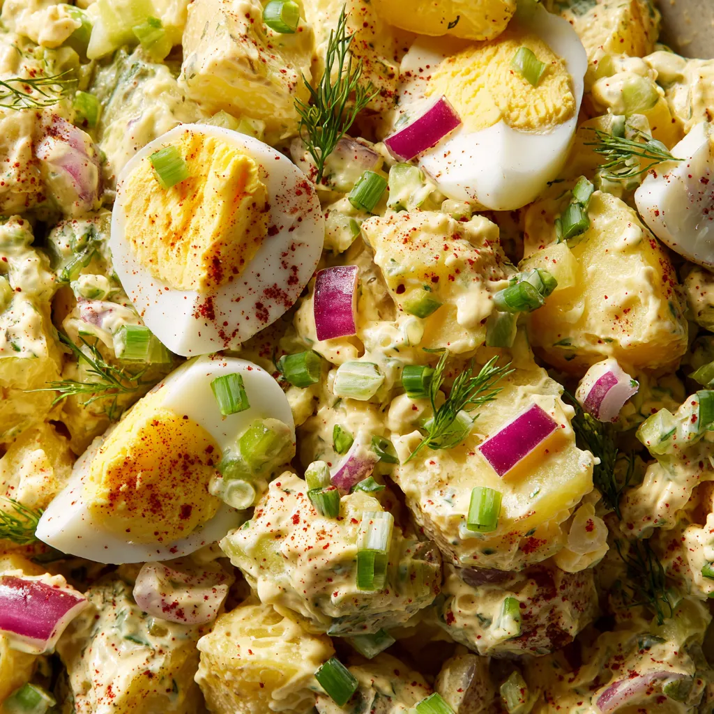A dish of potato salad with eggs and vegetables.