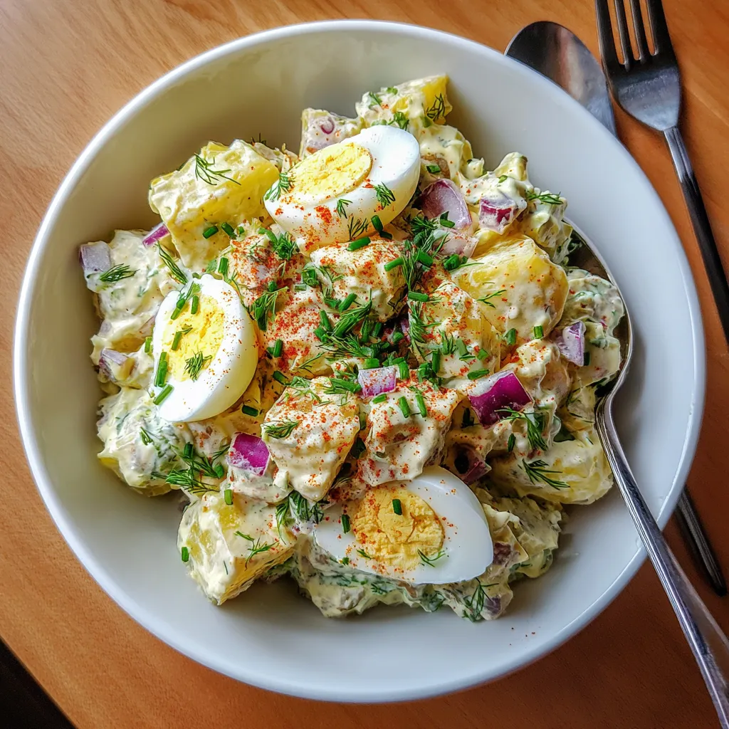 A white bowl filled with potato salad.