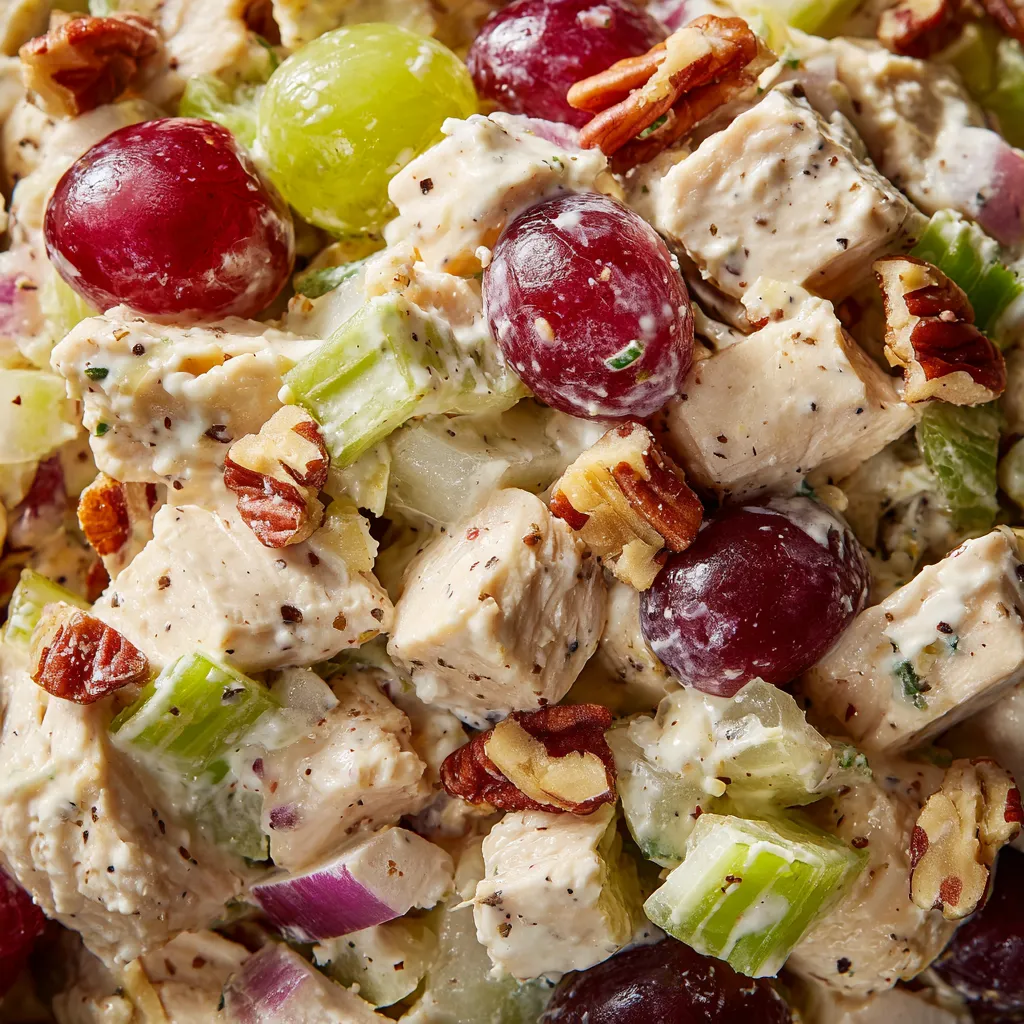 A close up of a chicken salad with grapes.