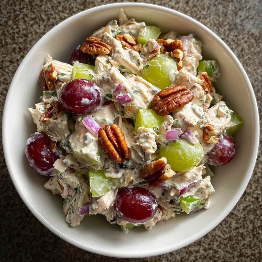 A bowl of chicken salad with grapes.