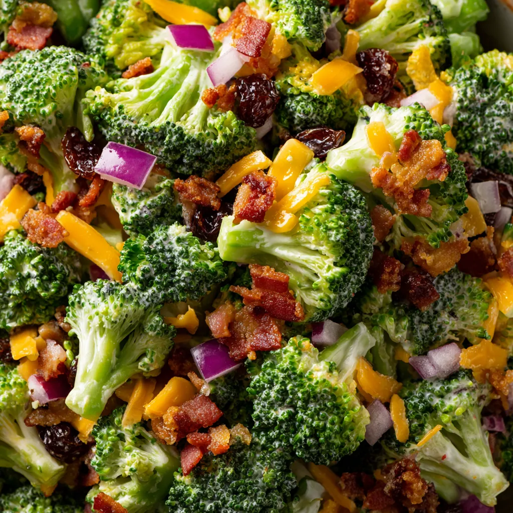 A close up of a salad with broccoli and bacon.