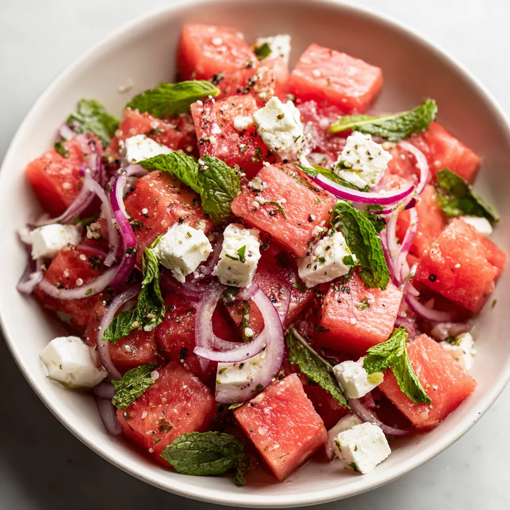 A bowl of watermelon-feta-mint salad.