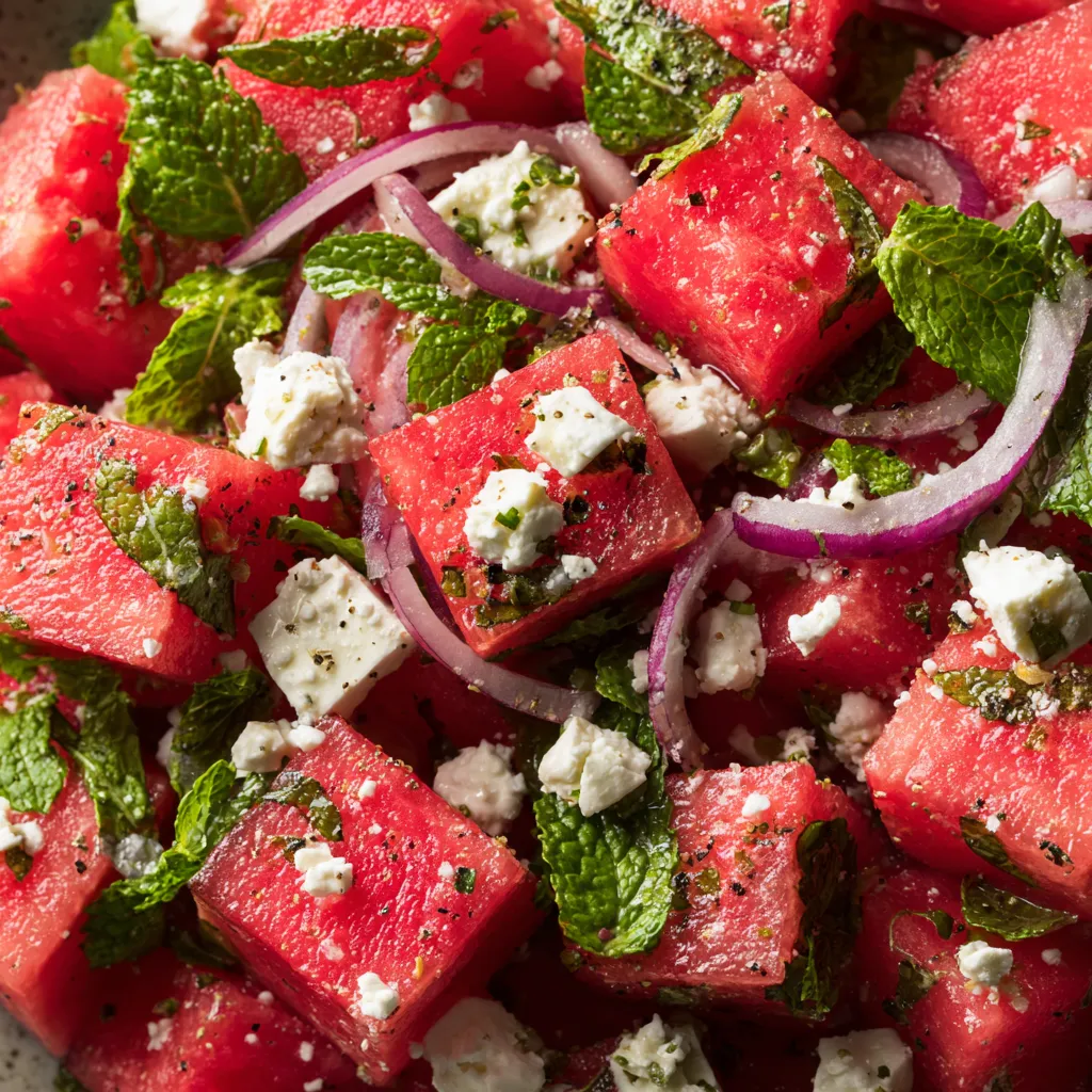 A salad made of watermelon, feta cheese, and mint.