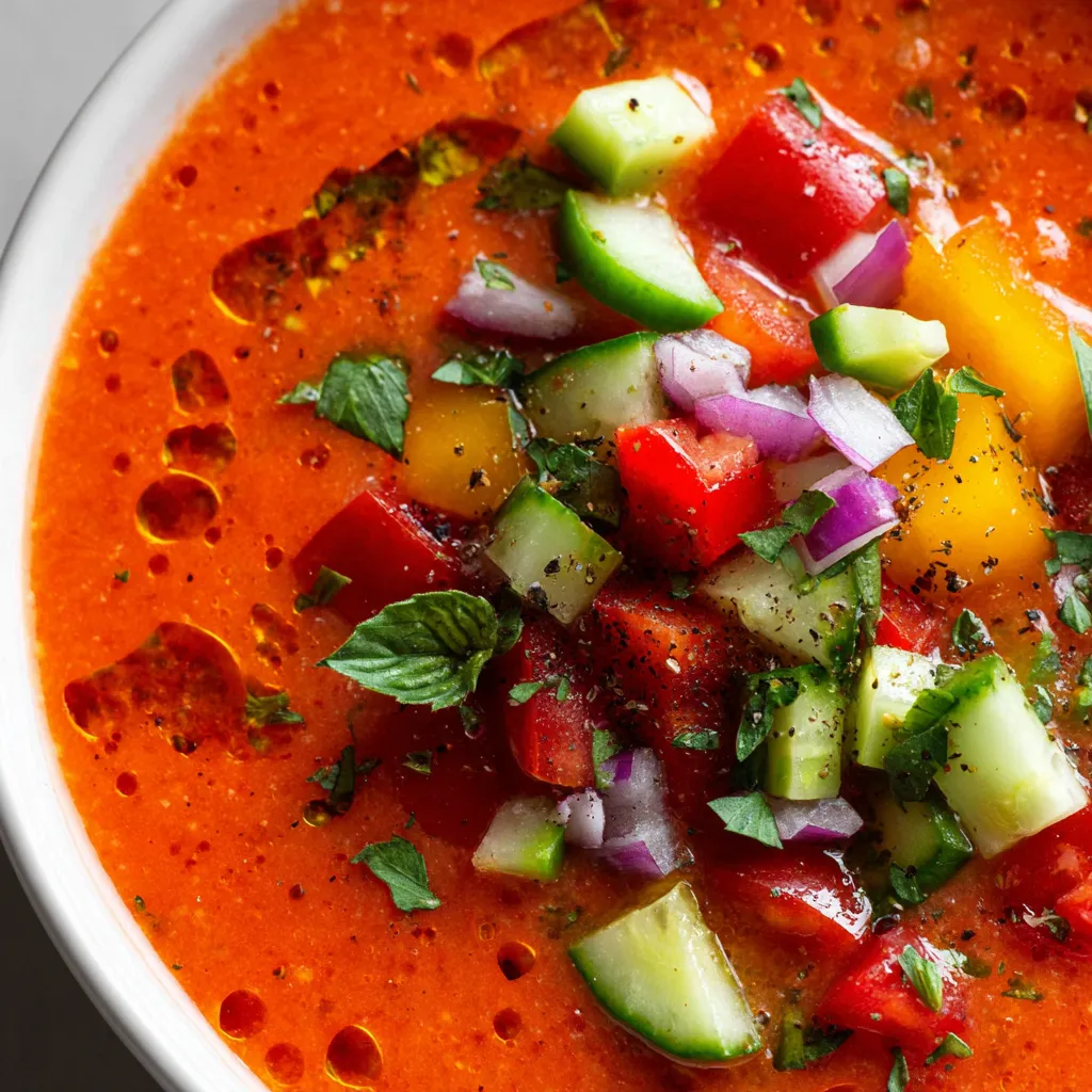 A bowl of red soup with vegetables.