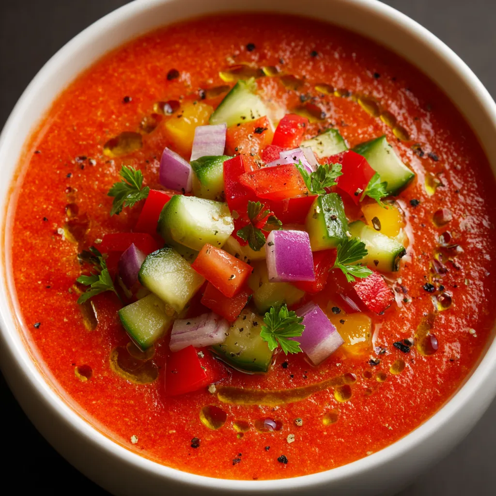 A bowl of red soup with vegetables.