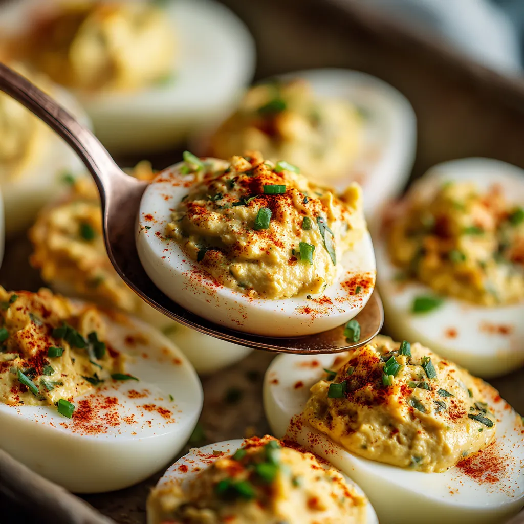A spoon is in a bowl of deviled eggs.