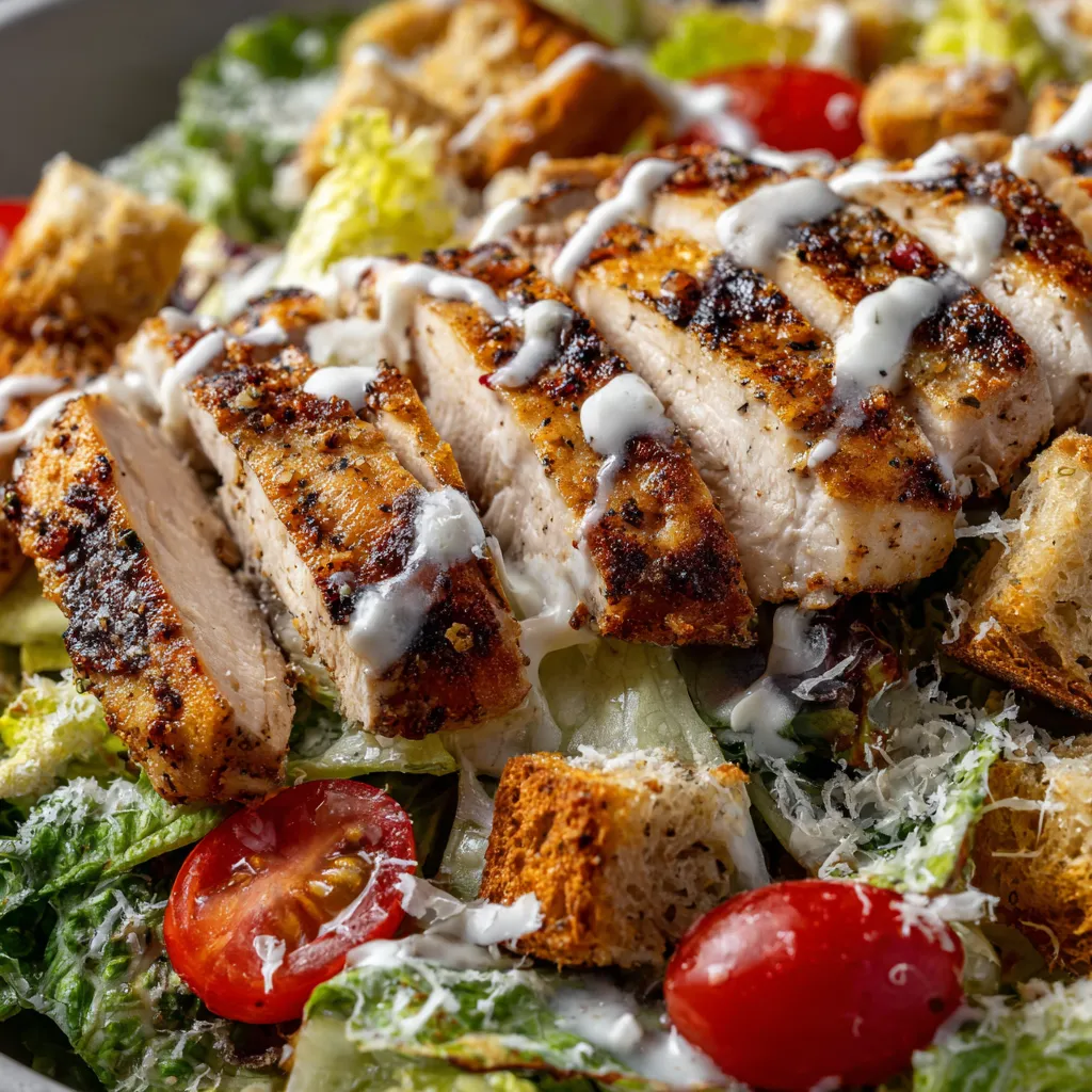 Grilled chicken Caesar salad with tomatoes and bread.