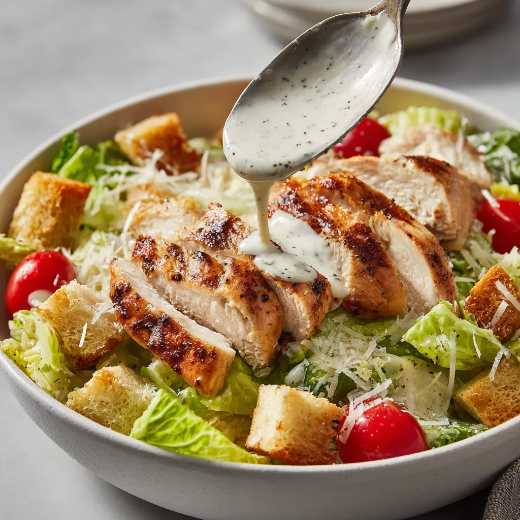 A bowl of grilled chicken Caesar salad.