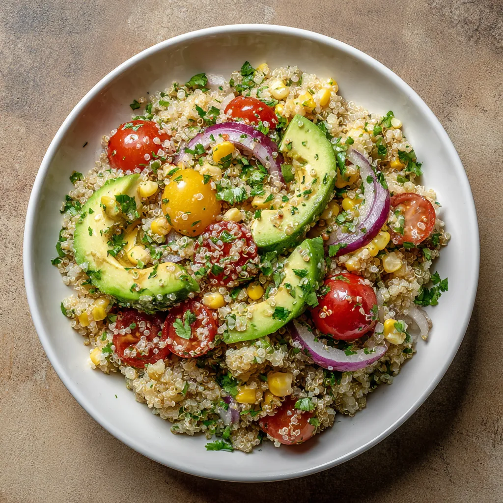A bowl of quinoa salad with tomatoes, corn, and avocado.