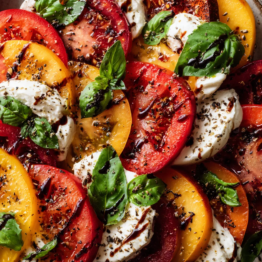 A salad of tomatoes, peaches, and burrata cheese.