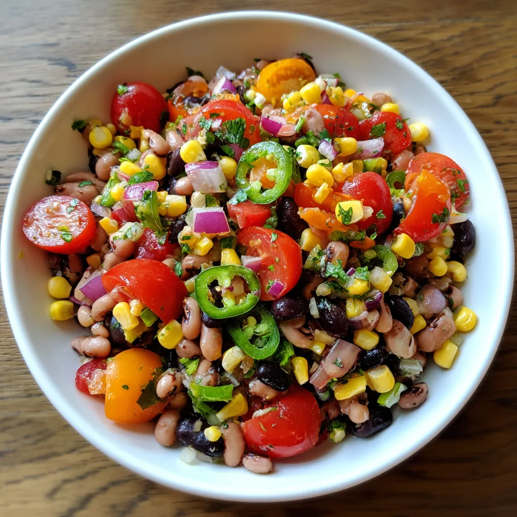 A bowl of food with tomatoes, corn, beans, and peppers.