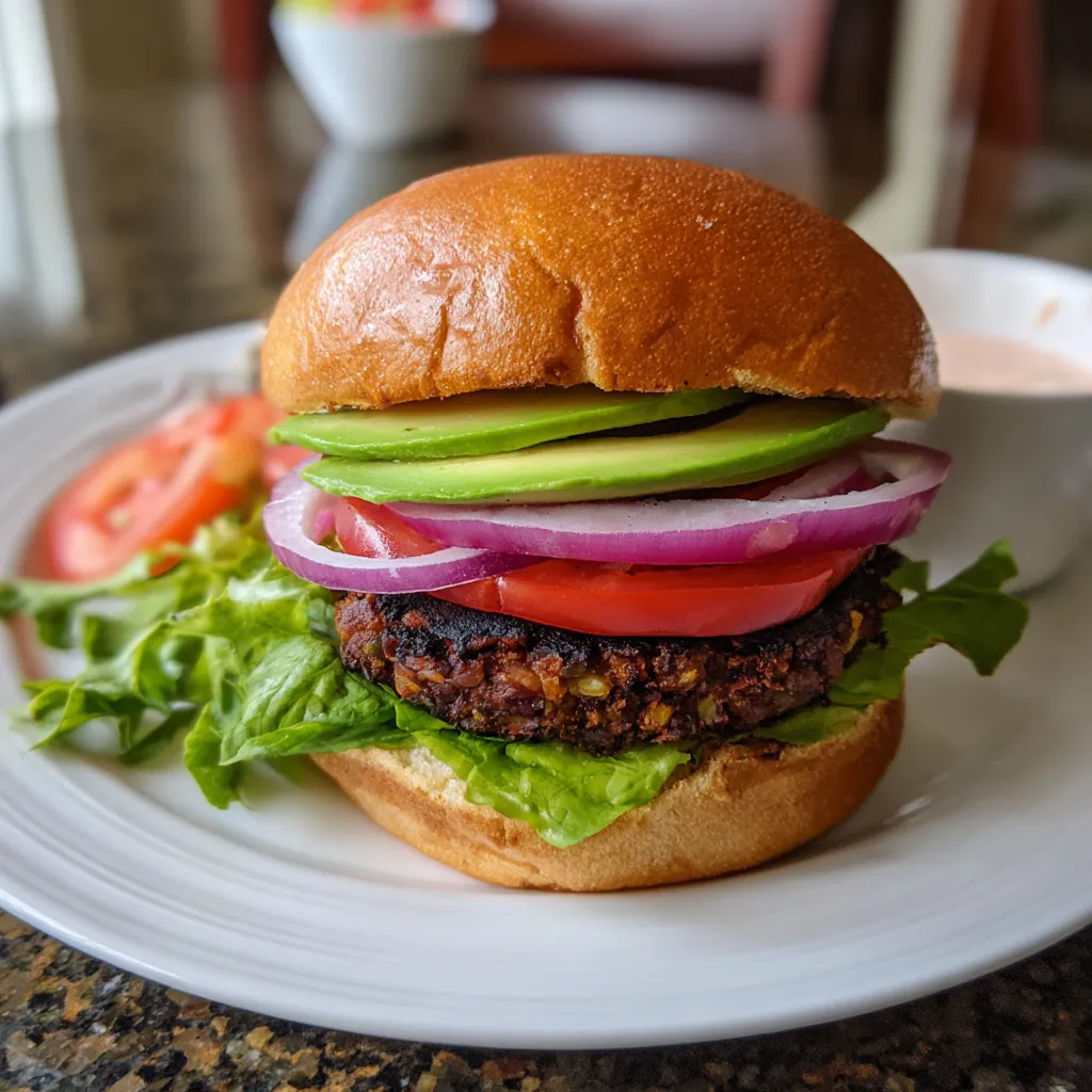 A black bean veggie burger on a plate.