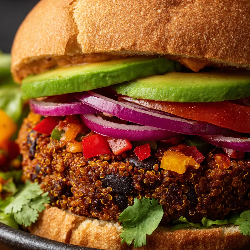 A black bean veggie burger with avocado and tomato.