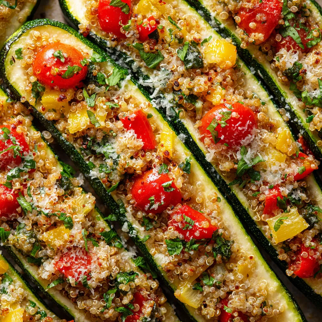 Stuffed zucchini boats with rice and tomatoes.