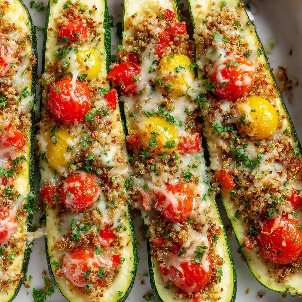 Stuffed zucchini boats with tomatoes and cheese.
