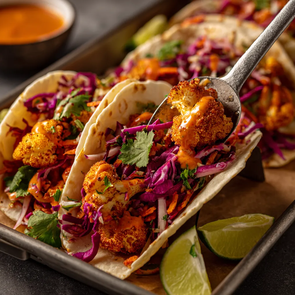 A tray of cauliflower tacos with a spoon in it.