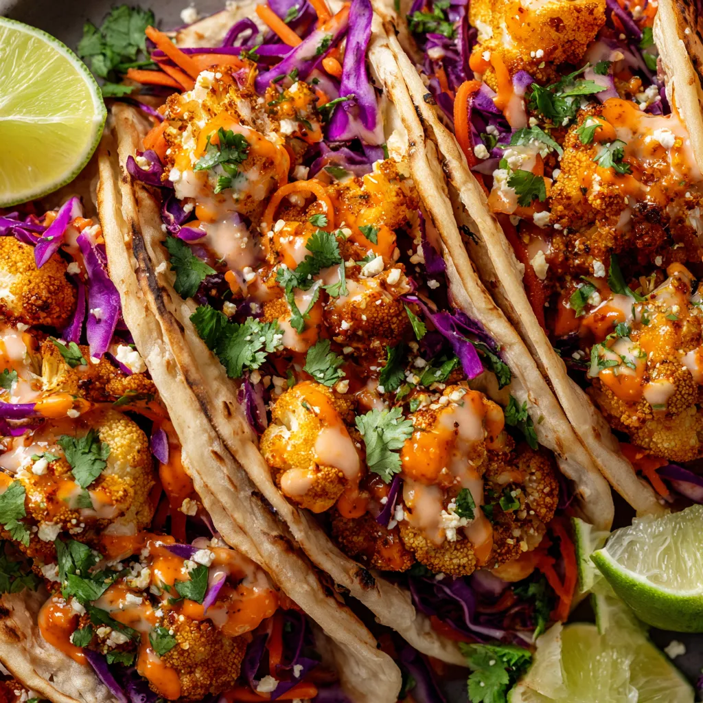 A plate of cauliflower tacos with sauce.