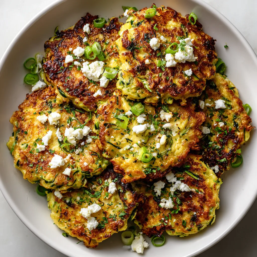 A plate of zucchini fritters with cheese and green onions.