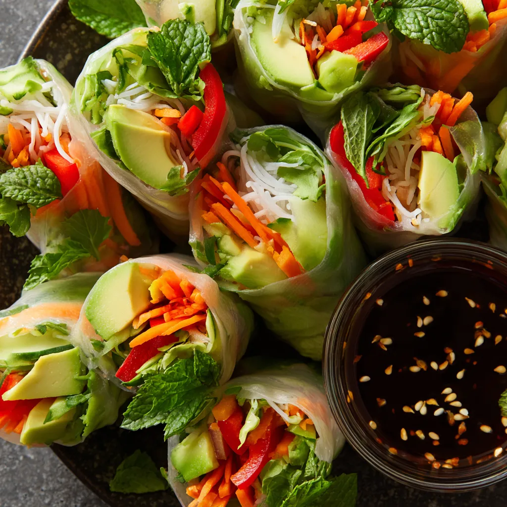 A plate of veggie spring rolls with a bowl of sauce.