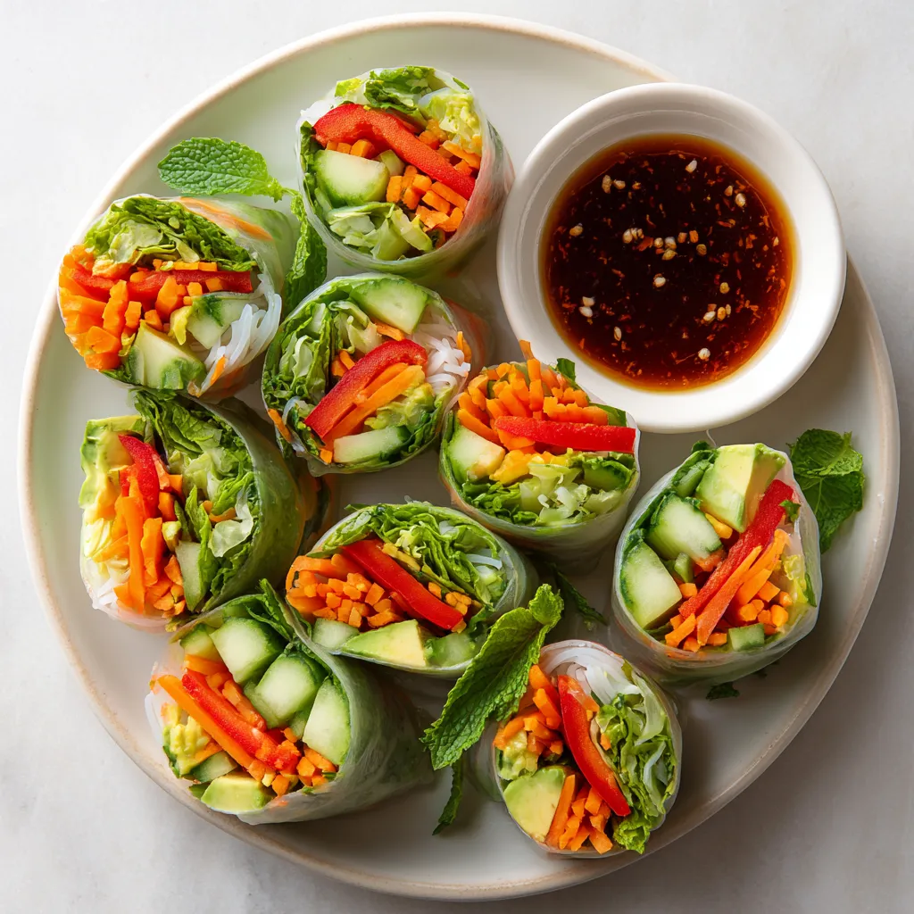 A plate of veggie spring rolls with a dipping sauce.