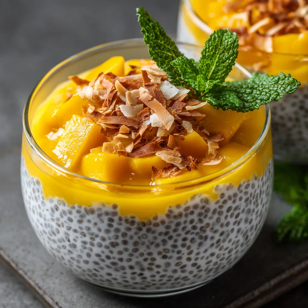 A glass of coconut mango chia pudding.