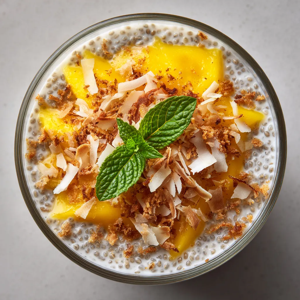 A glass of coconut mango chia pudding.