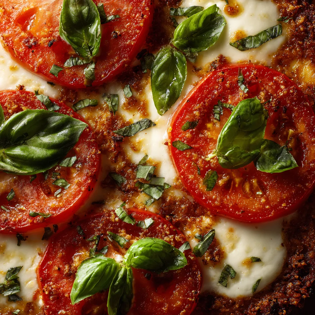 A grilled Margherita pizza with tomatoes and basil.