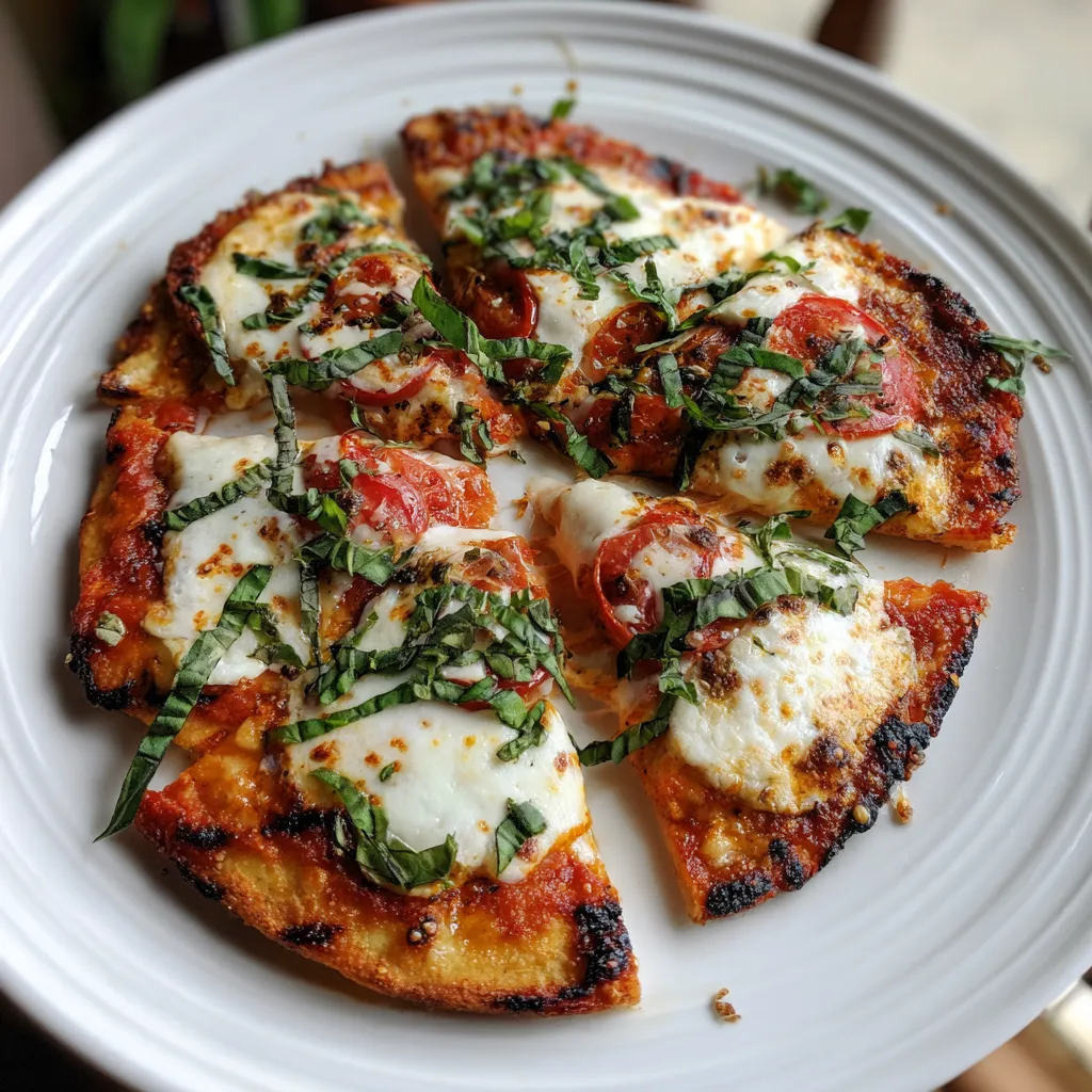 A grilled margherita pizza with cheese and tomatoes.