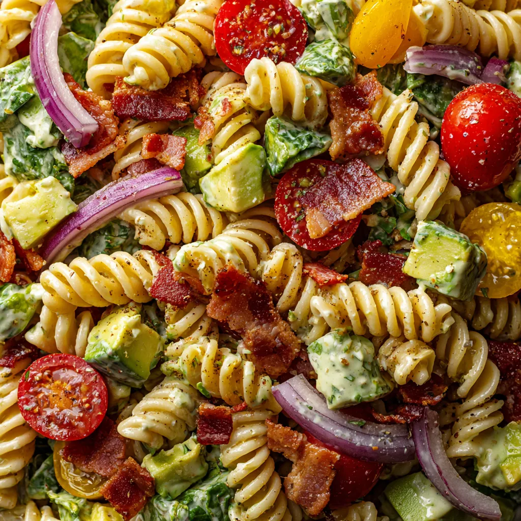 A BLT pasta salad with avocado ranch dressing.