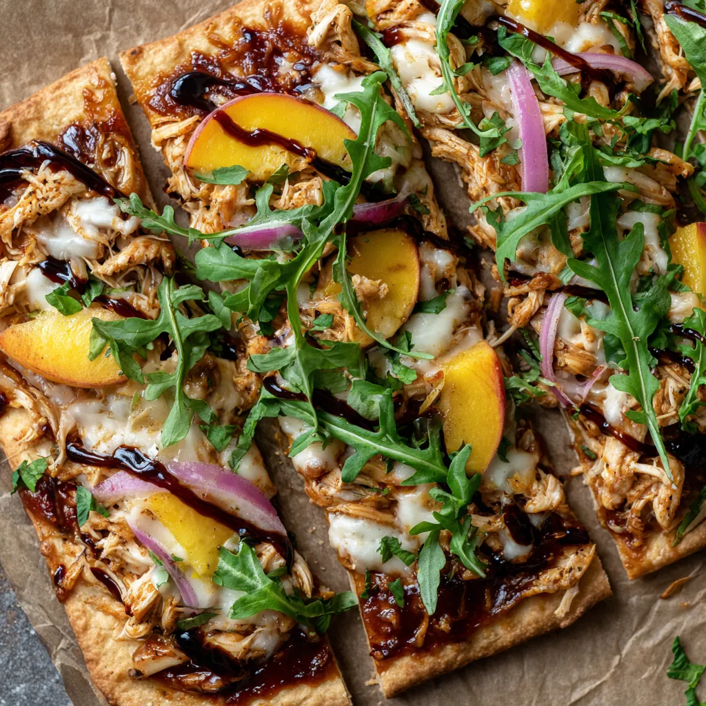 A flatbread with peach BBQ chicken toppings.