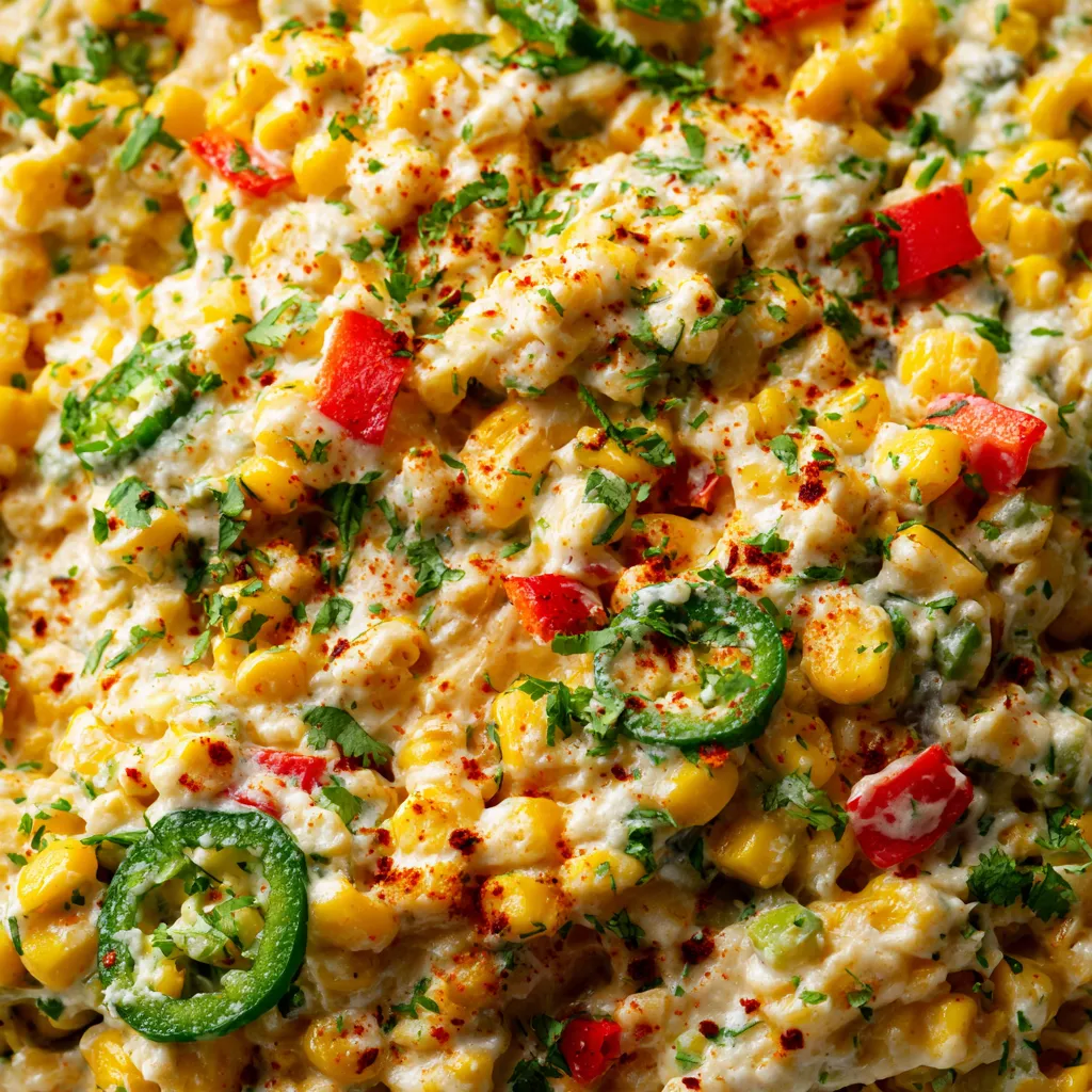A close up of a creamy jalapeño corn dip.