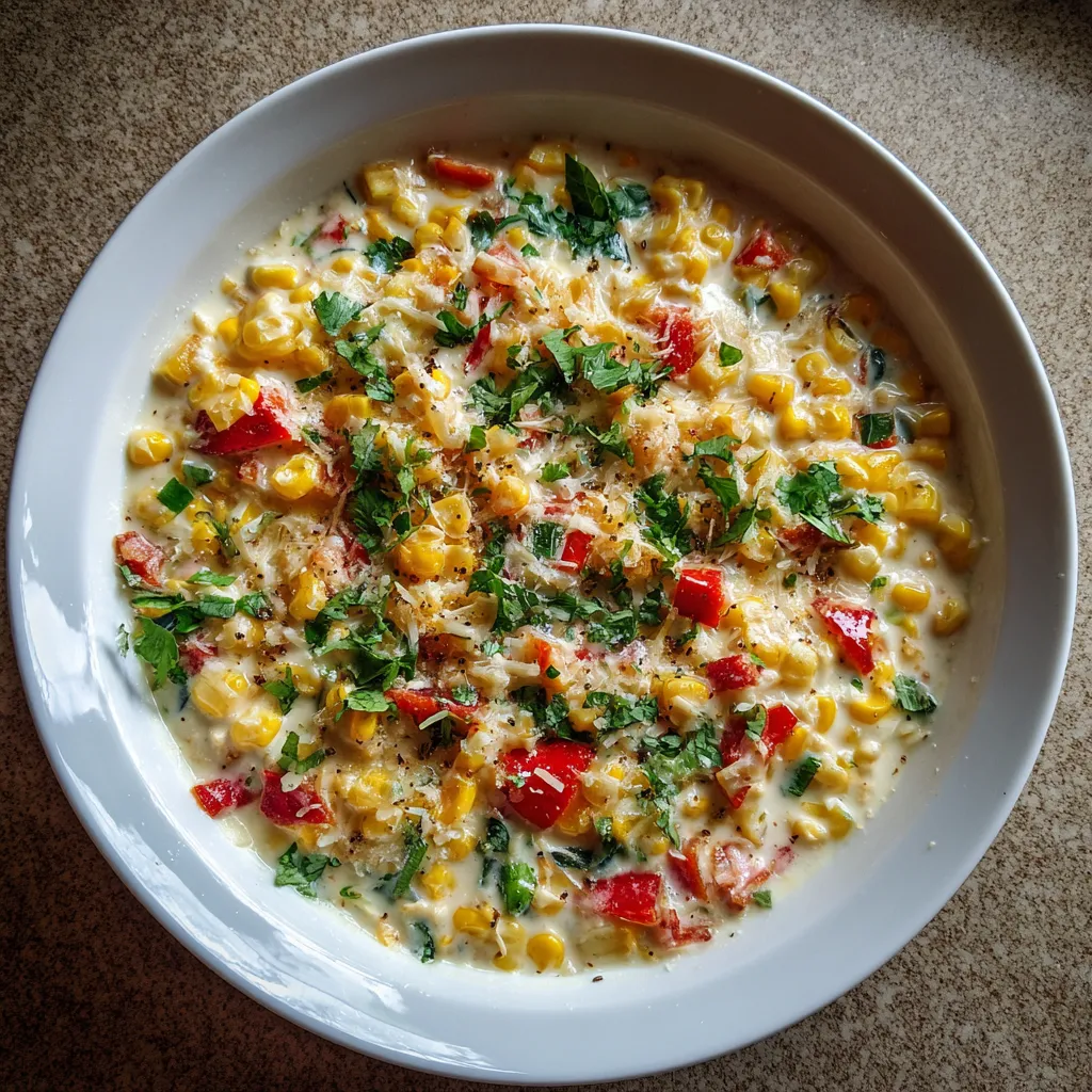 A white plate with a creamy jalapeño corn dip.
