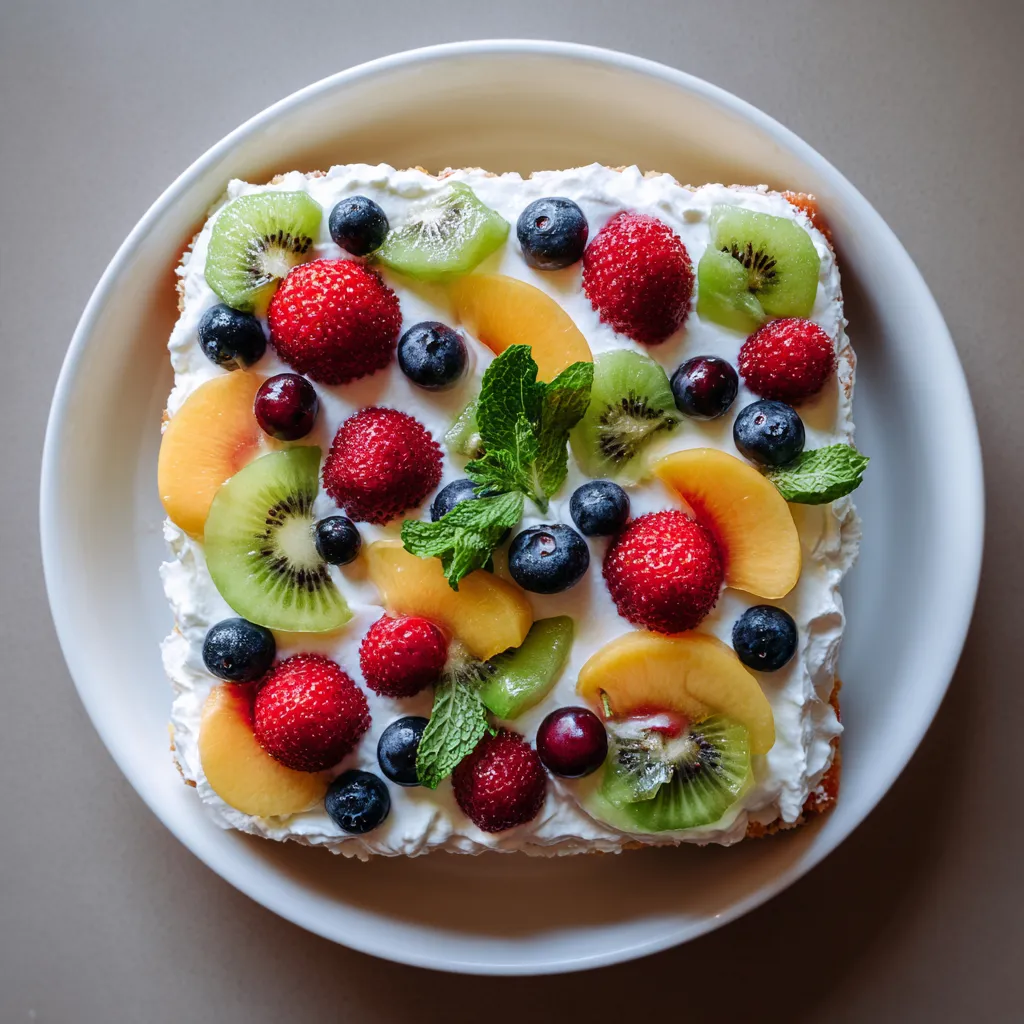 A slice of summer fruit poke cake with lemon cream.