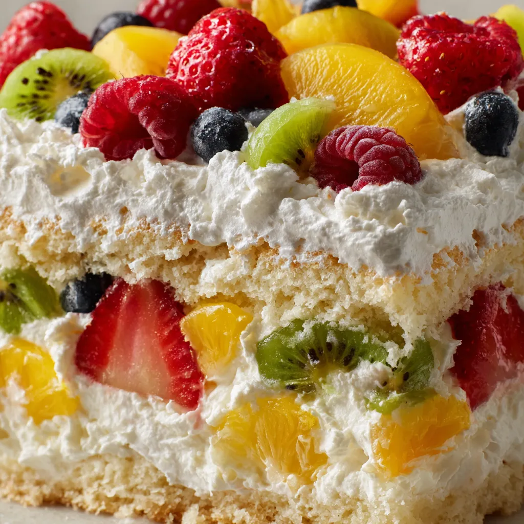 A slice of a summer fruit poke cake with lemon cream.