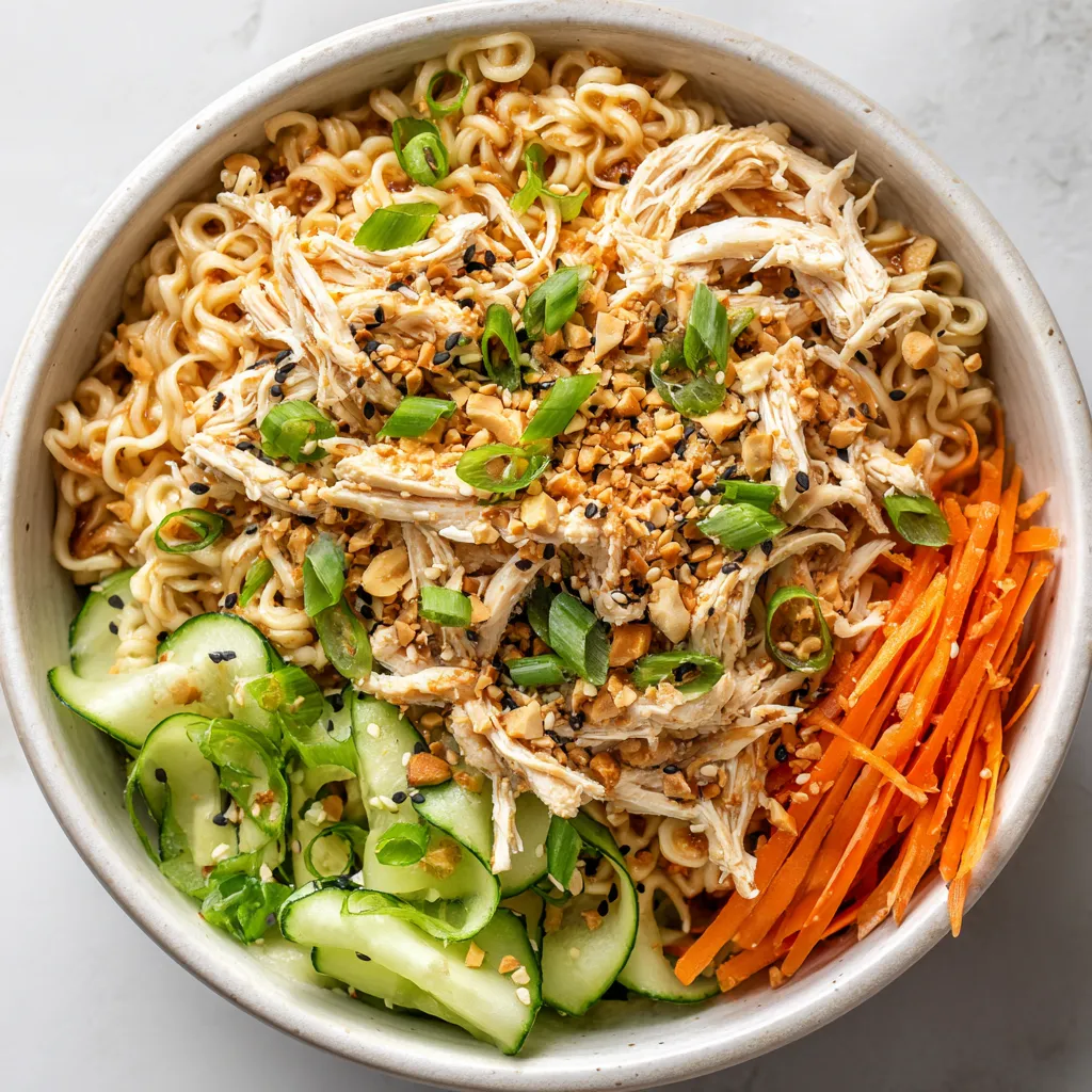 A bowl of noodles with chicken and vegetables.