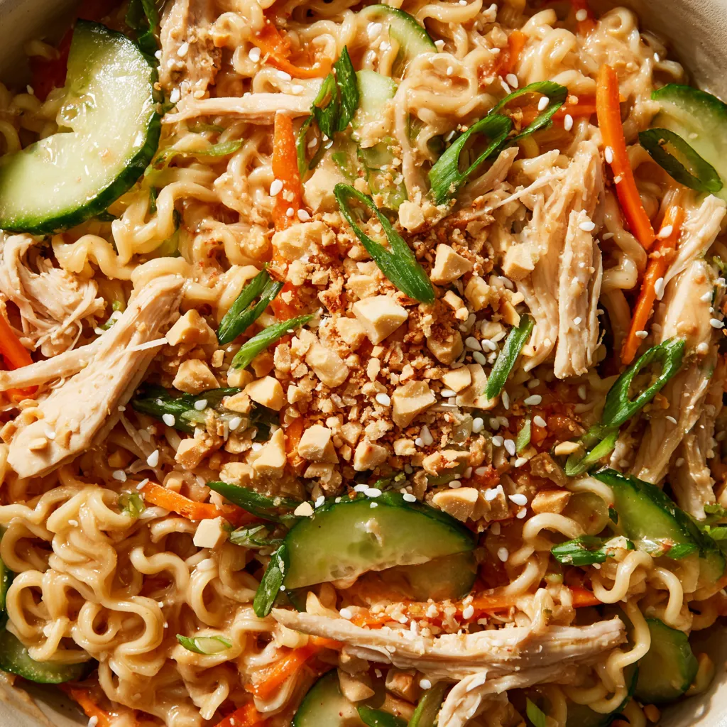 A bowl of noodles with chicken, cucumbers, and peanuts.