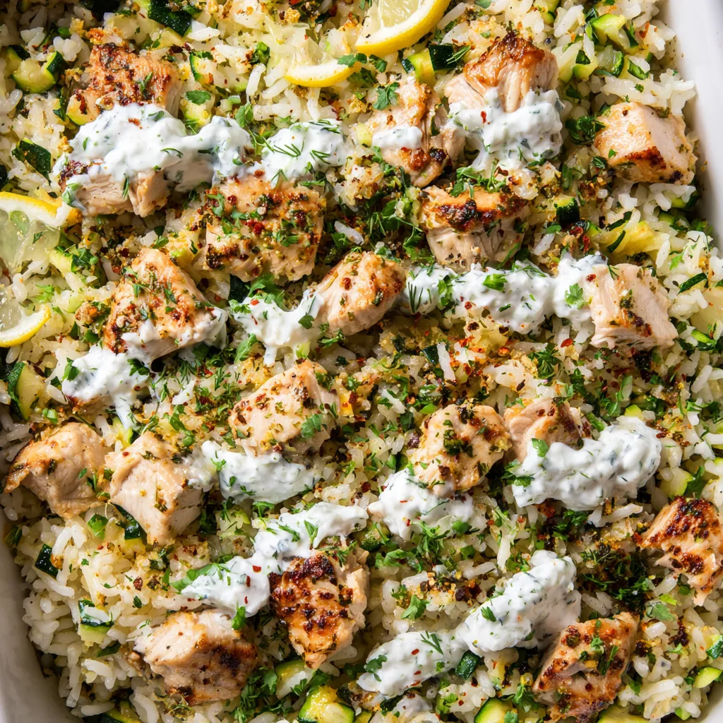 A dish of rice with chicken and lemon.