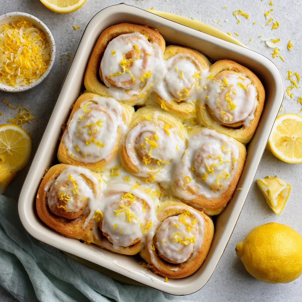A pan of lemon rolls with a lemon wedge on the side.