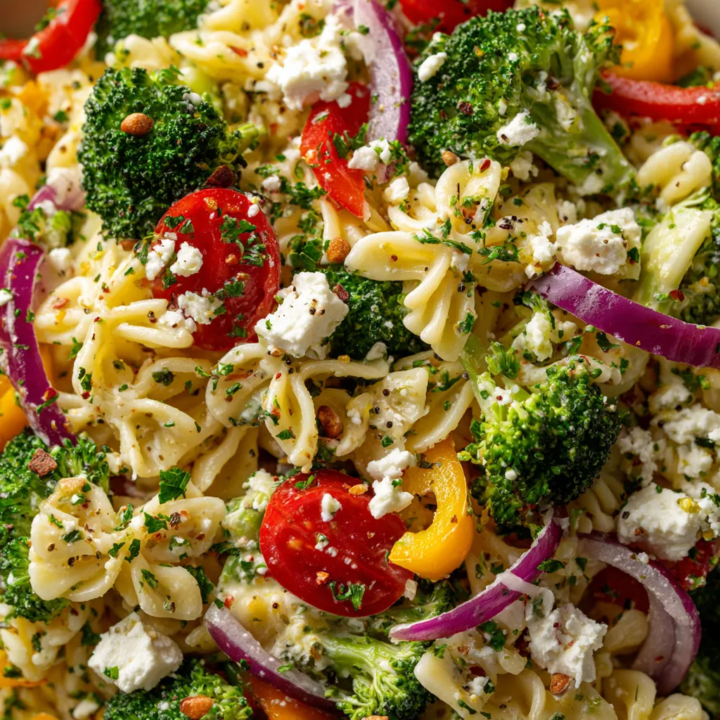 A delicious pasta salad with broccoli and tomatoes.