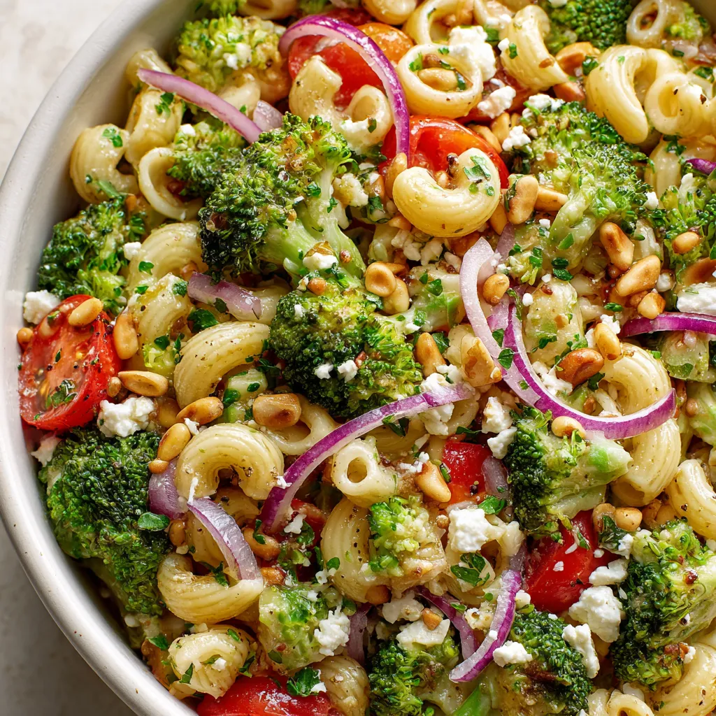 A bowl of pasta with broccoli and tomatoes.