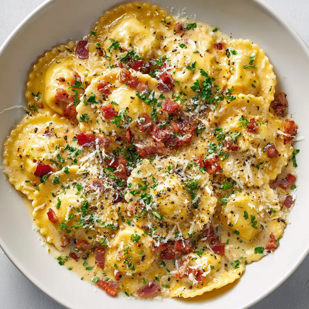 A plate of pasta with cheese and bacon.