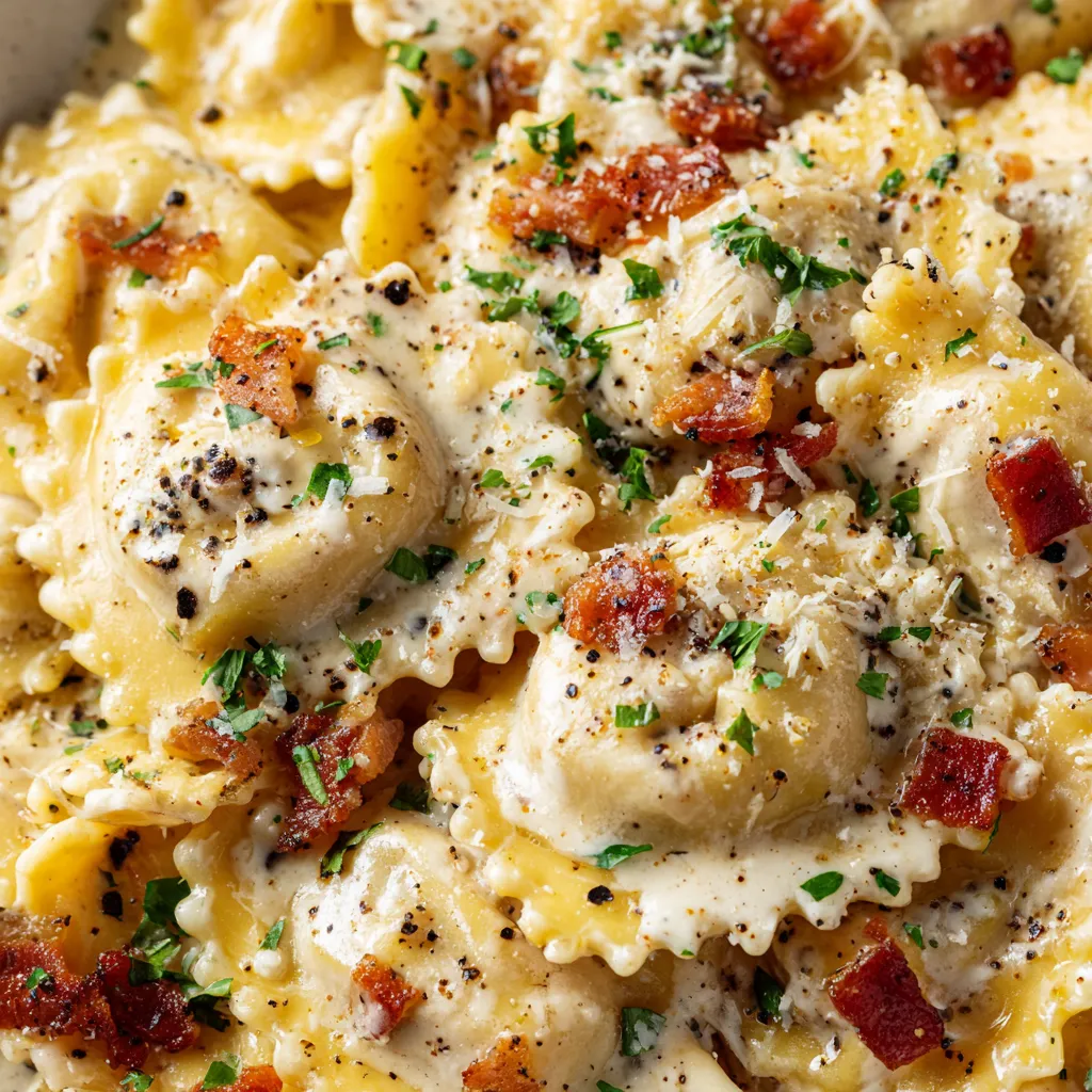 A dish of pasta with cheese and bacon.