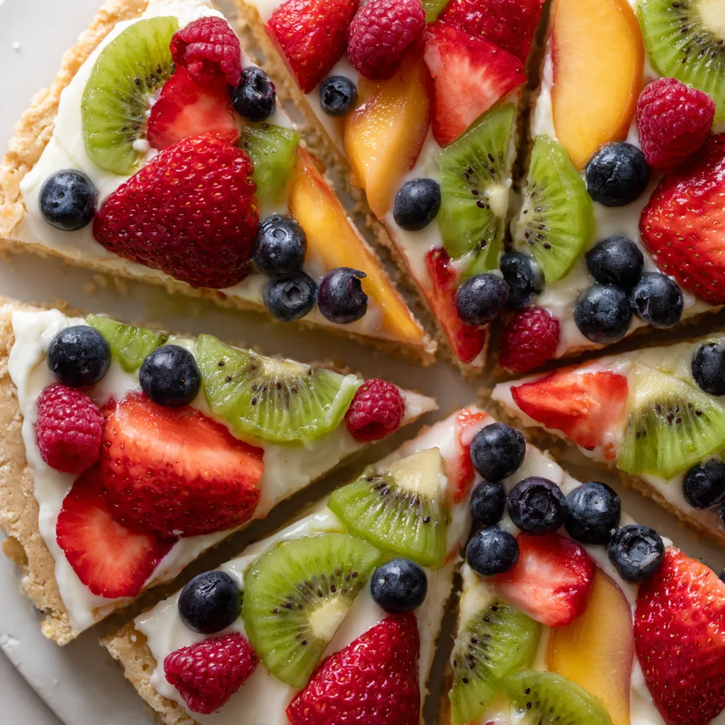 A slice of fruit pizza with cream cheese glaze.