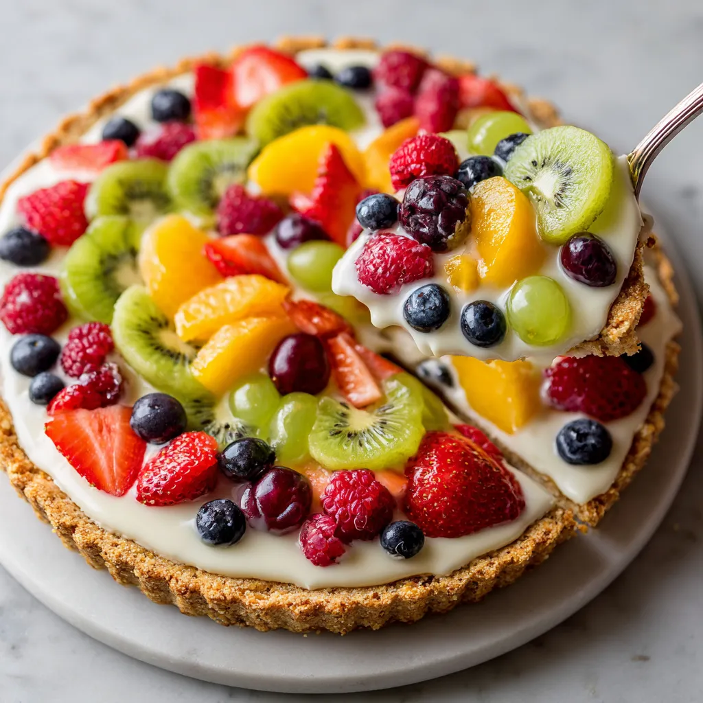 A fruit pizza with cream cheese glaze.