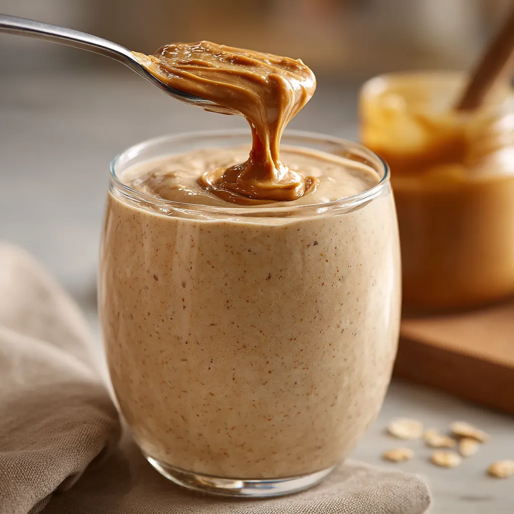 A glass of peanut butter banana smoothie.
