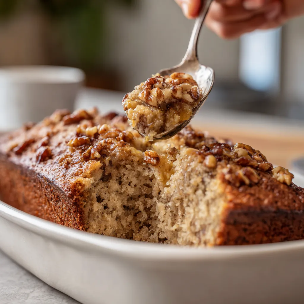 A person is eating banana nut bread.