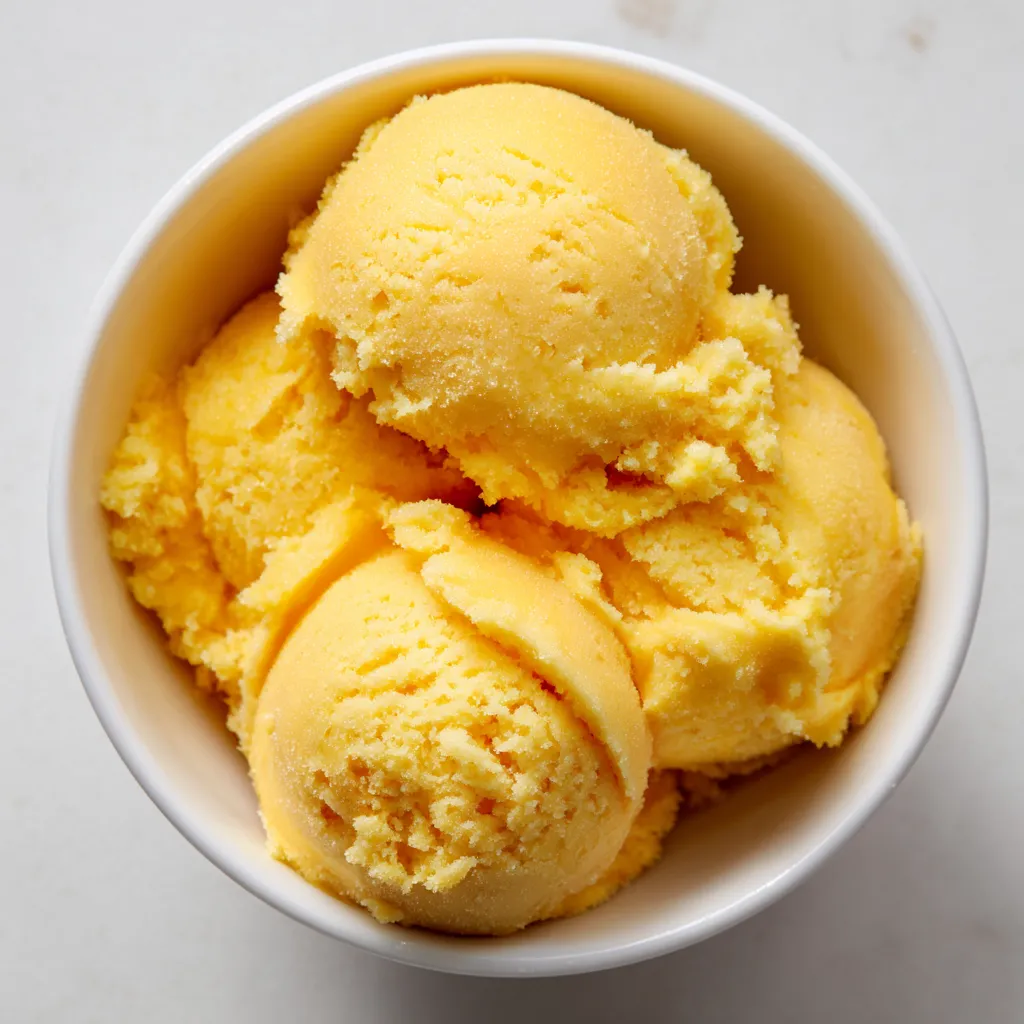 A bowl of yellow and orange sorbet.
