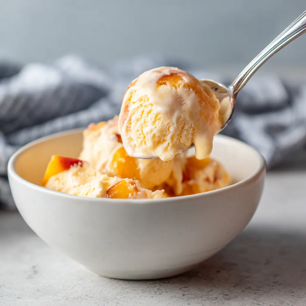 A spoon is in a bowl of white peach and orange blossom sorbet.